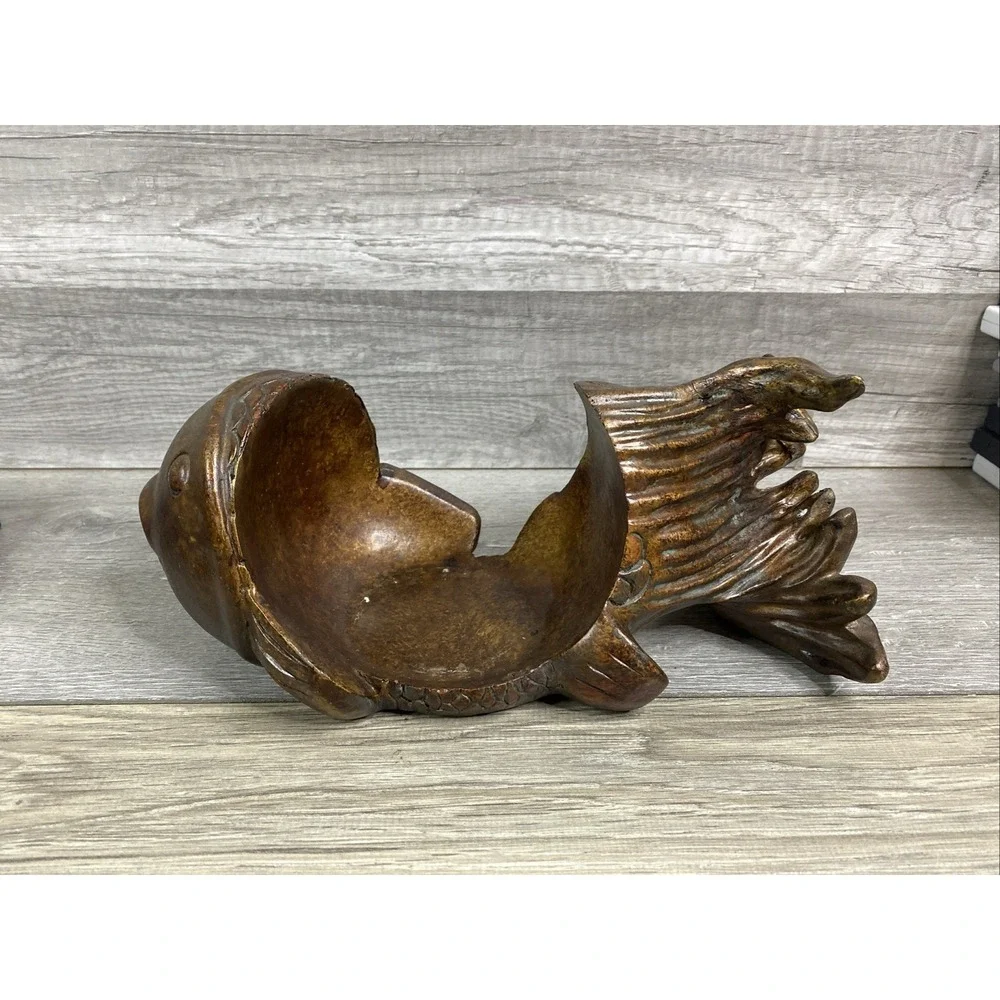 Japanese Fish Bowl Sculpture, Vintage Resin Wood‎ Look Koi Candle Holder